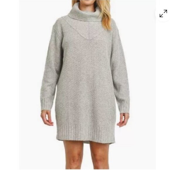 New LUSH Ribbed Turtleneck Tunic Sweater Dress Heather Grey LG - Picture 1 of 5